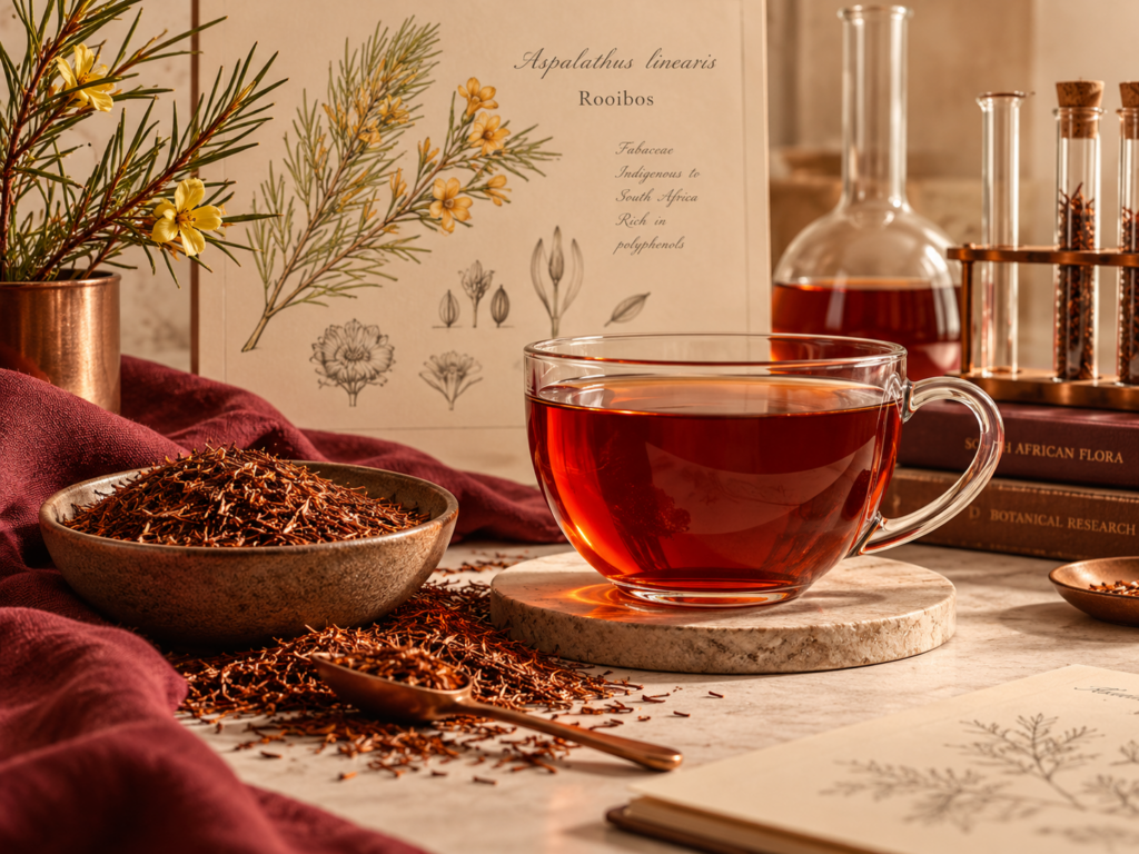 Rooibos leaves and brewed rooibos tea representing scientific research into rooibos